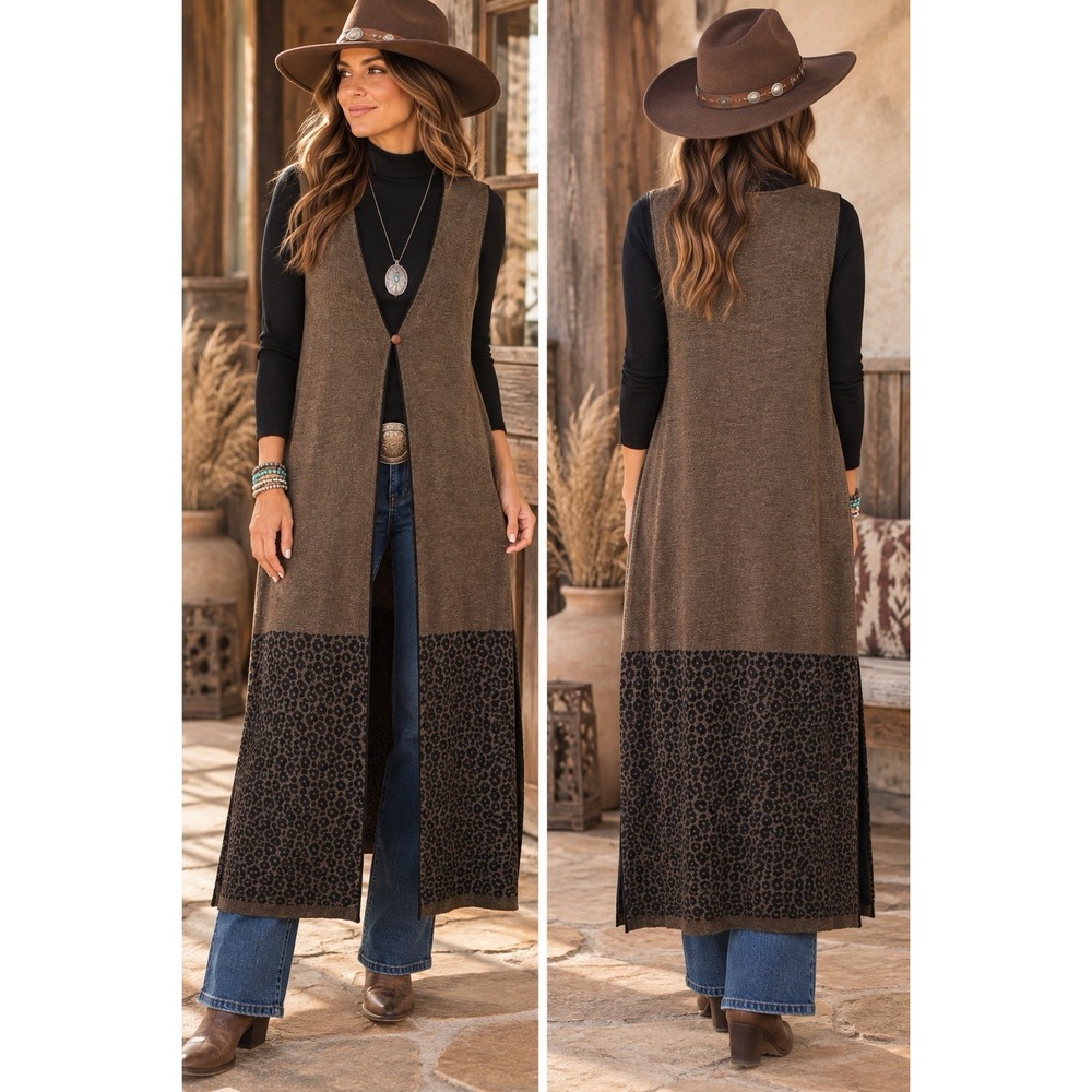 J.K.C. Country Wear Wool Blend Maxi Duster Vest S Leopard Animal Print Brown